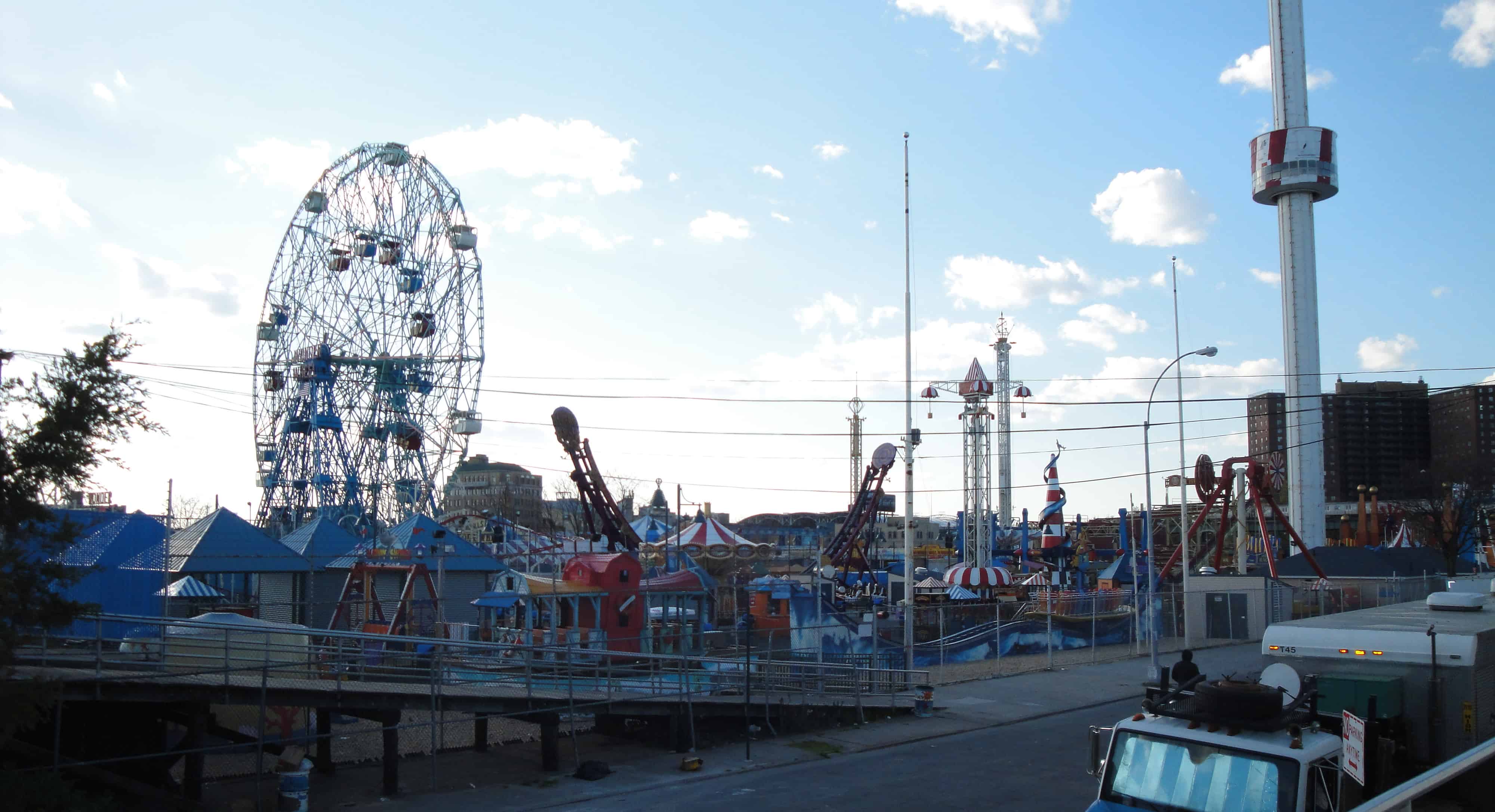 A view of the fenced-off amusement park.