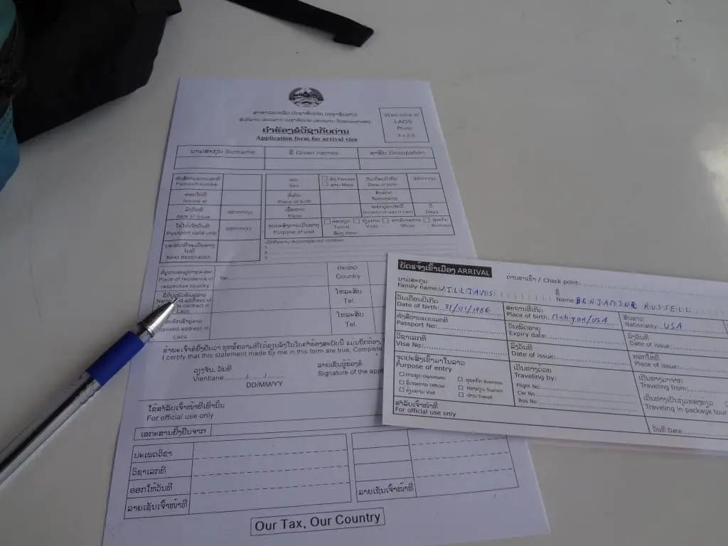 The paperwork for a Laos visa. 