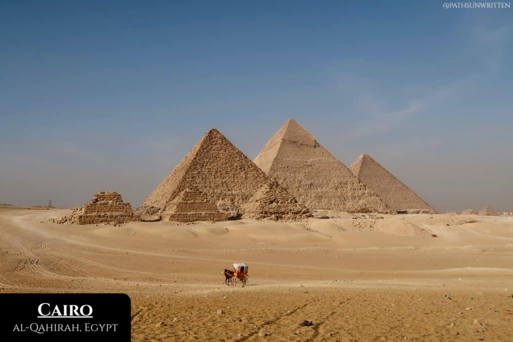 The Pyramids of Giza located at the western fringes of Cairo's urban sprawl. 