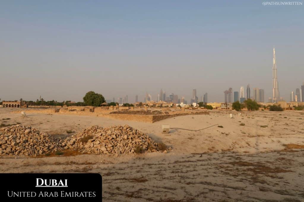 Dubai's massive skyline in the distance from the Jumeirah archaeology site.