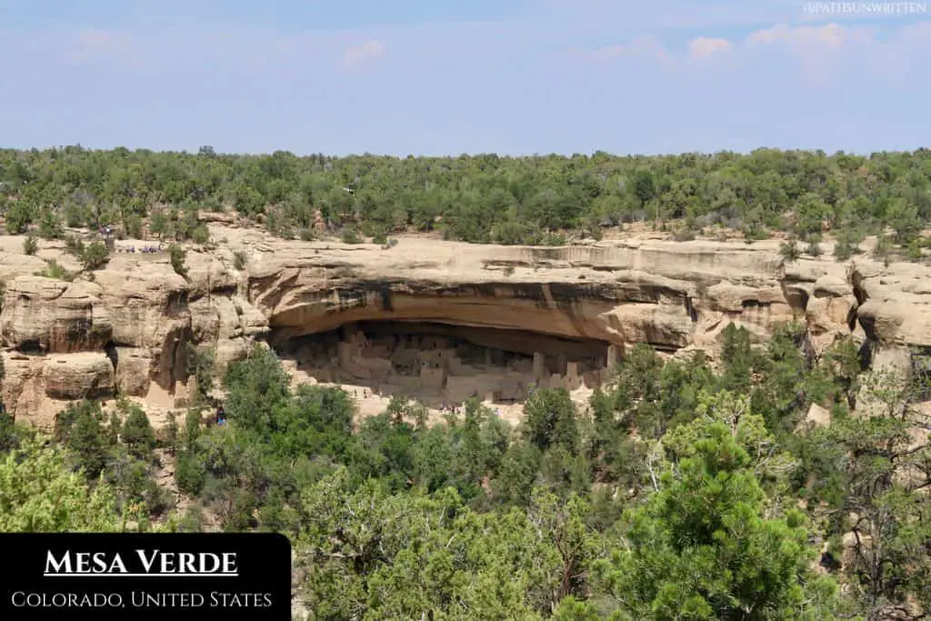The city of Cliff Palace, shelters by one of Mesa Verde's signature rocky overhangs.