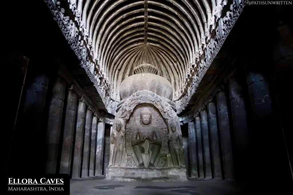 Ellora Caves are made up of holy shrine cut from solid rock for Hindus, Buddhists and Jains.