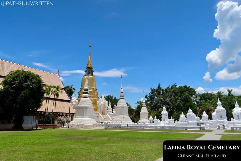 The collection of white stupas is the historic Lanna Royal Cemetery.