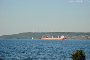A 'saltie' freighter passes by the narrow channel at Lake Superior's Point Iroquois.