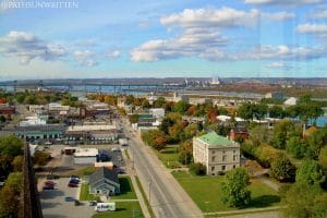 Sault Ste. Marie and the Soo Locks from the Tower of History Museum.