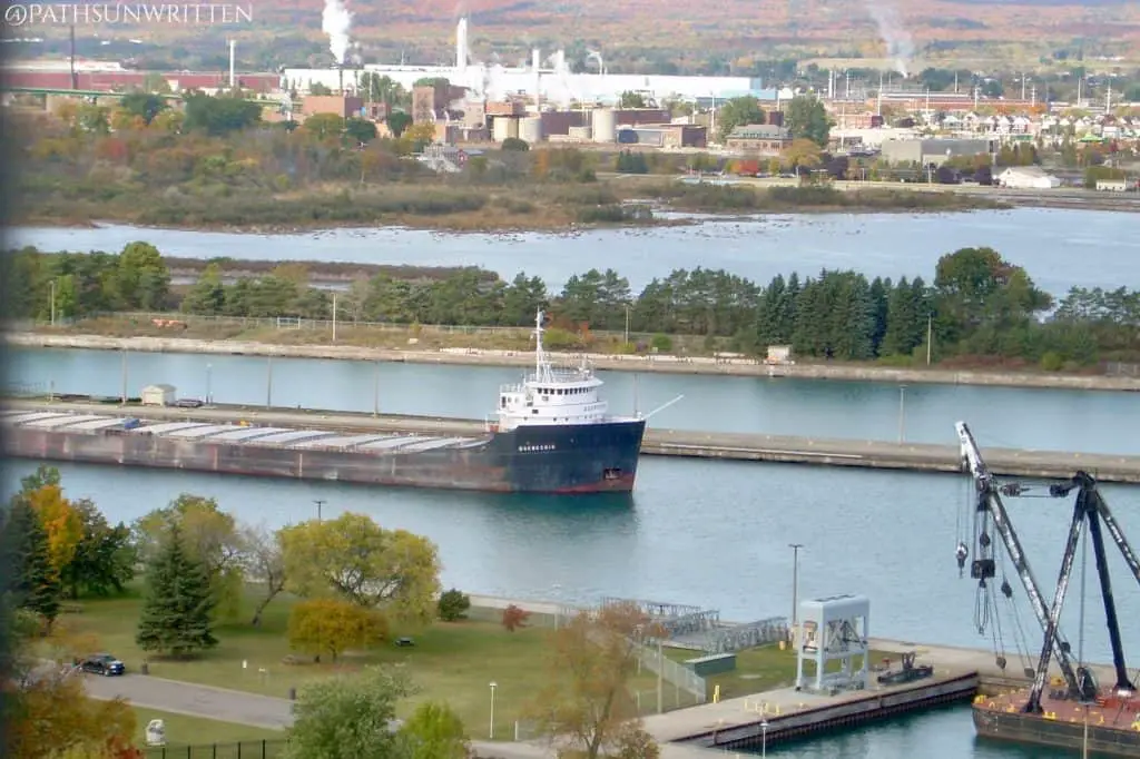 A 'laker' freighter passing through the Soo Locks.