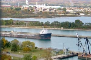 A 'laker' freighter passing through the Soo Locks.