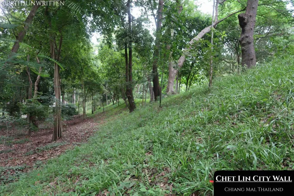 The Wiang Chet Lin city wall running along the edge of Huay Kaew Arboretum.