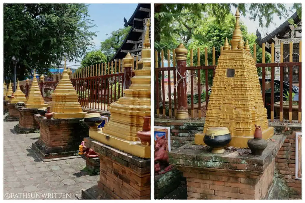 A display of famous stupas from around the world, including the Mahabodhi stupa.
