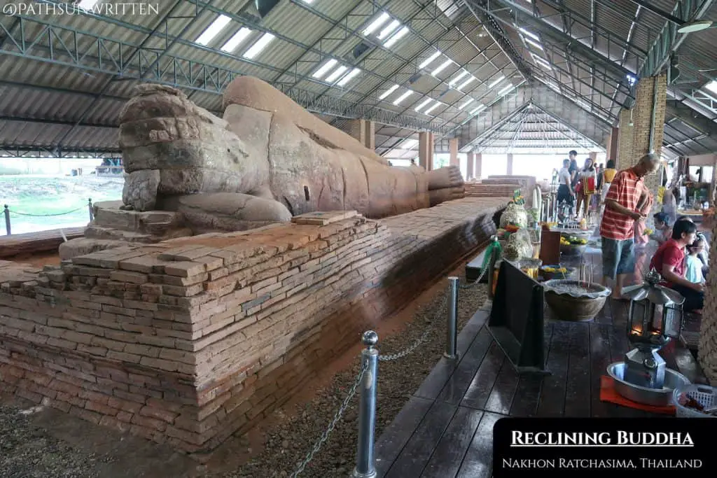 The Dvaravati Reclining Buddha Image at Wat Dhammachraksemaram in Muang Sema.