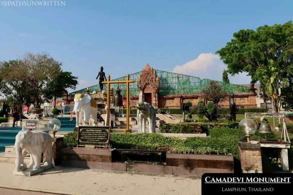 The monument to Queen Camadevi is located at the southwestern corner of Lamphun's Old City.