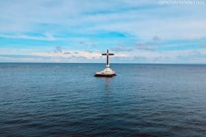 The Camiguin Sunken Cemetery monument from the shore.