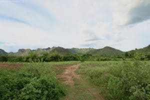 The countryside surrounding Kanchanaburi is mostly flat with low mountains