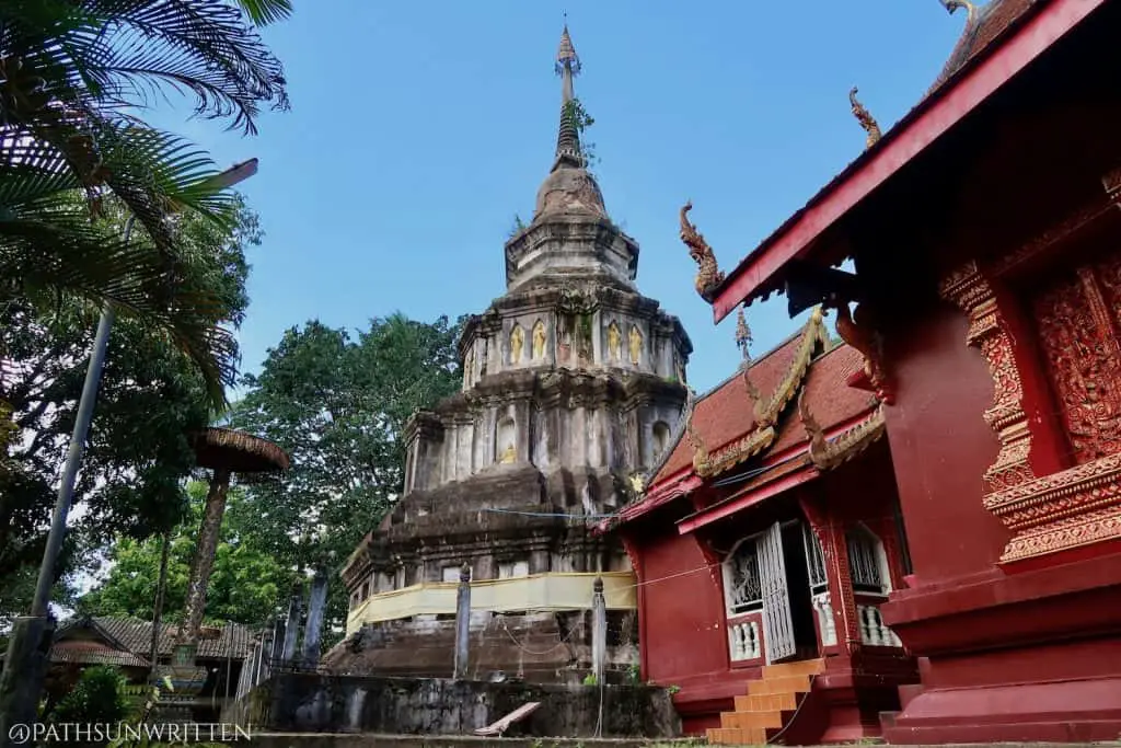 The Phrabat Chedi with a small shrine containing the Buddha's Footprint image