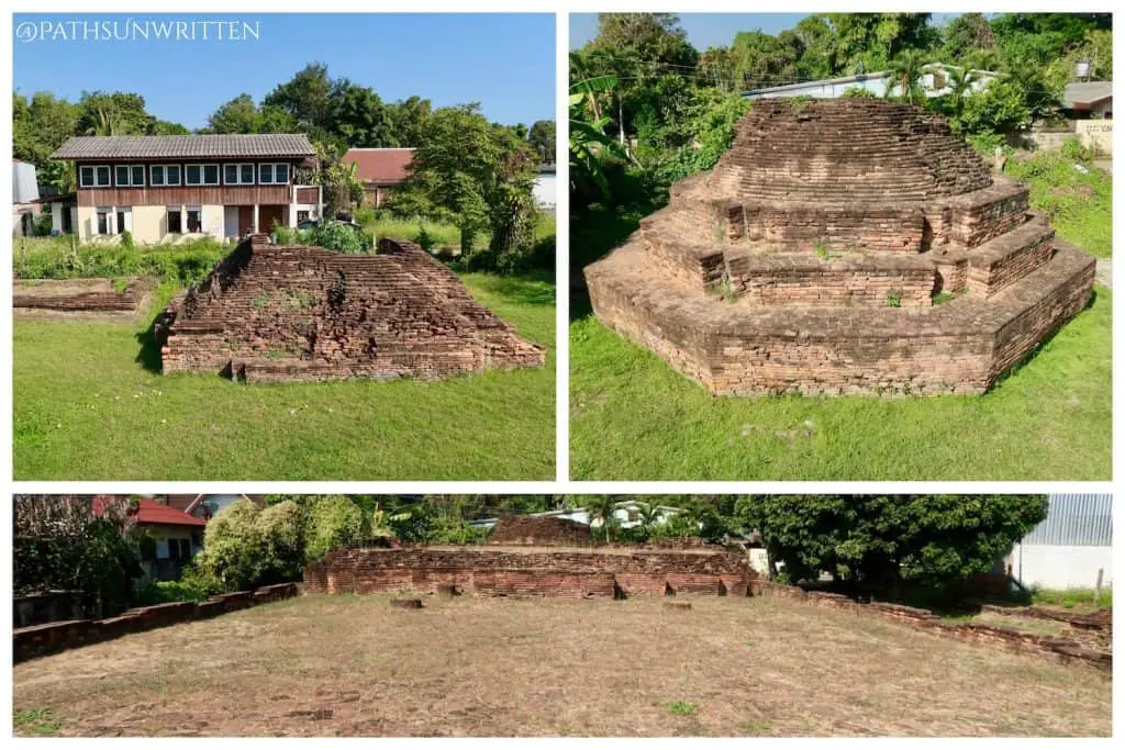 Clockwise from top: the ubosot and mondop; the octagonal stupa, and the main hall of Wat Kum Kam