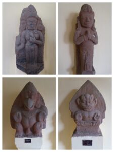 Sandstone carving of Brahma (top left), a praying human (top right), Garuda, (bottom left), and a lion (bottom right) found at Chien Dan and displayed at the onsite museum