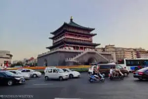 The Xi'an Bell Tower is located near the center of the walled city